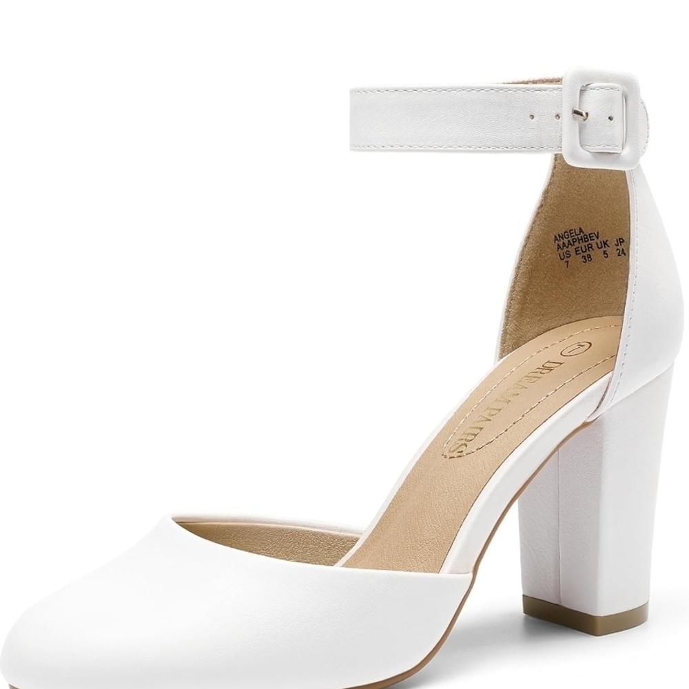 Dreampairs 9 White Block Heel Ankle Strap Shoes